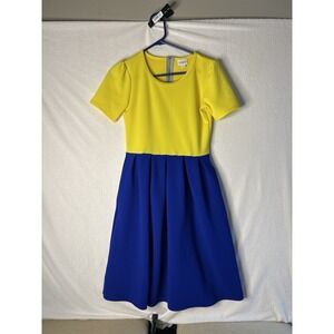 LuLaRoe Women's Amelia Neon Yellow & Blue Color block  Cute spring Dress Small